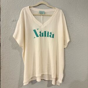 Anthropologie Judith March Cream Cream V-Neck Top W/Green NANA Print SZ Large